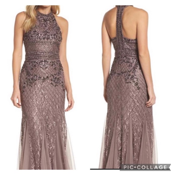 Adrianna Papell mock neck Tback stone beaded dress - Picture 2 of 14